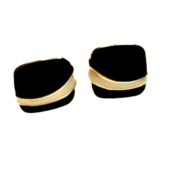 Vintage Clip On Earrings Square Goldtone Black & Cream Enamel Career Classic 80s - Picture 6 of 6